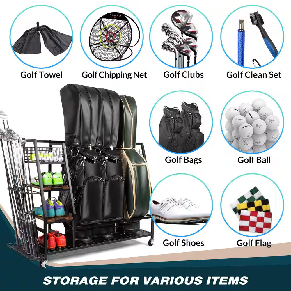 Golf Bags Storage Garage Organizer Golf Bag Rack for 3 Golf Bags and Golf Equipment Accessories Golf Club Storage Stand